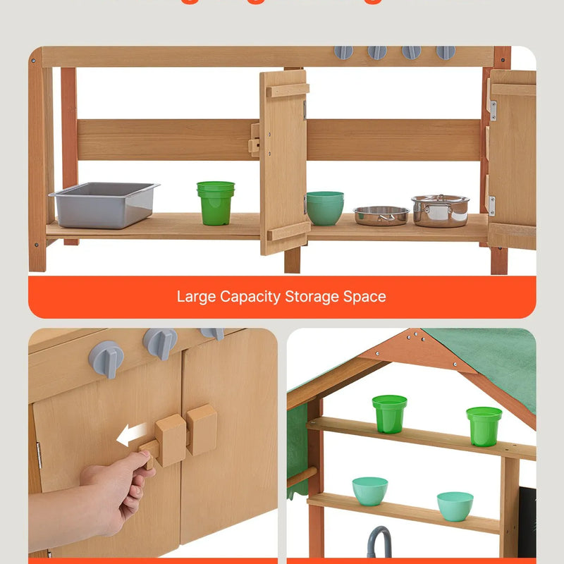 VEVOR virtuve bērniem, koka rotaļu virtuves komplekts ar piederumiem, āra rotaļu veikala komplekts maziem bērniem, lomu spēļu virtuve ar plītīm, stādīšanas kastēm, izlietni, krānu, tāfeli un katlu