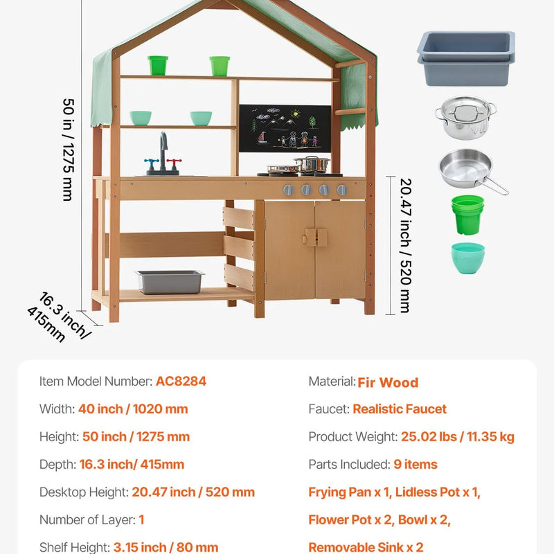VEVOR virtuve bērniem, koka rotaļu virtuves komplekts ar piederumiem, āra rotaļu veikala komplekts maziem bērniem, lomu spēļu virtuve ar plītīm, stādīšanas kastēm, izlietni, krānu, tāfeli un katlu
