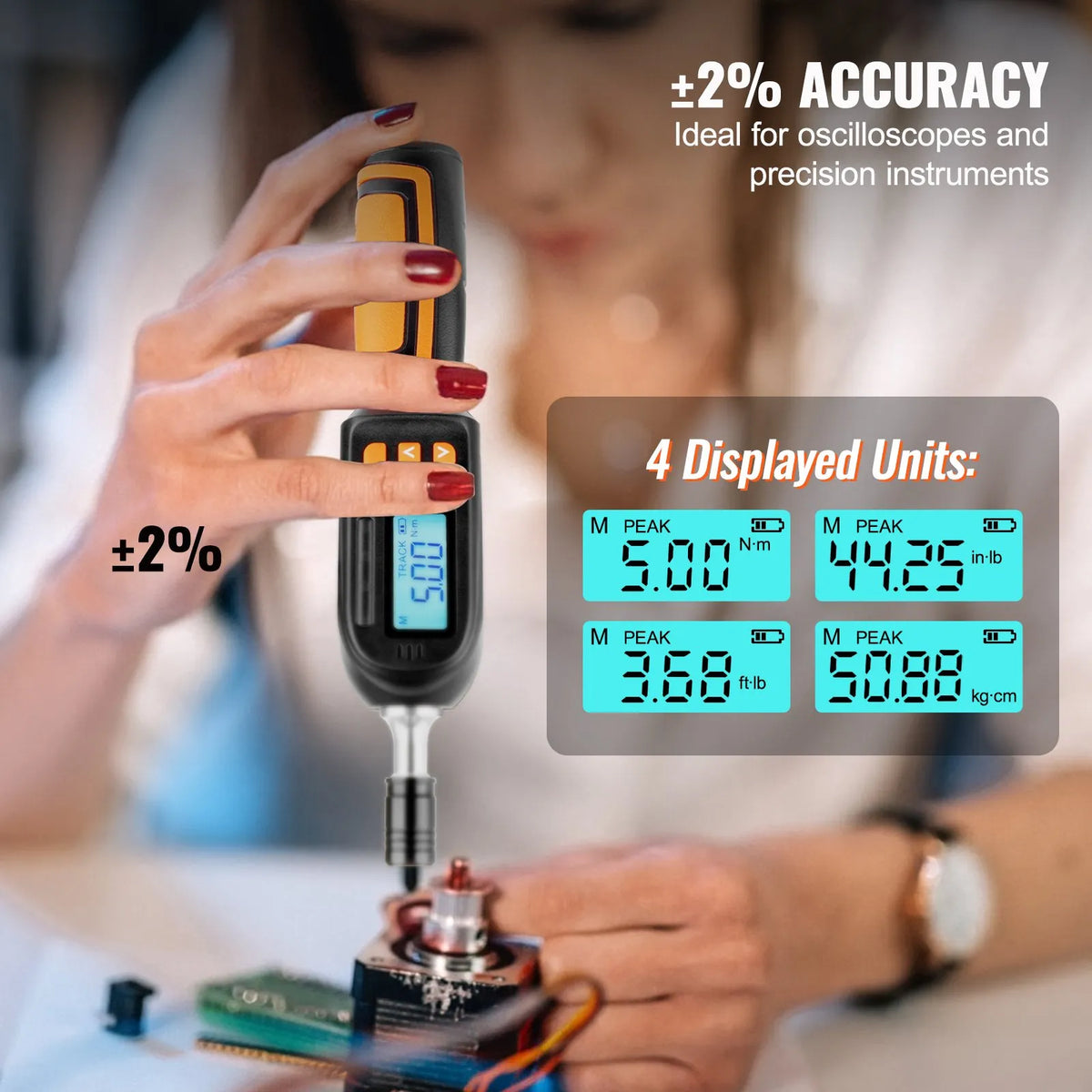 VEVOR Digitālais griezes skrūvgriezis, 6,35 mm piedziņa, LCD ekrāns, 0,3–8 N·m diapazons, 0,01 N·m solis, ar uzgaļiem un futrāli