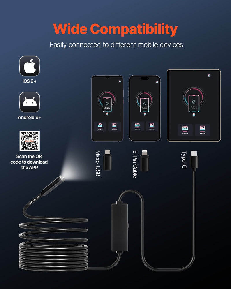 VEVOR endoskopiskā kamera 1920P HD boroskops Android un IOS ierīcēm ar 5 m kabeli