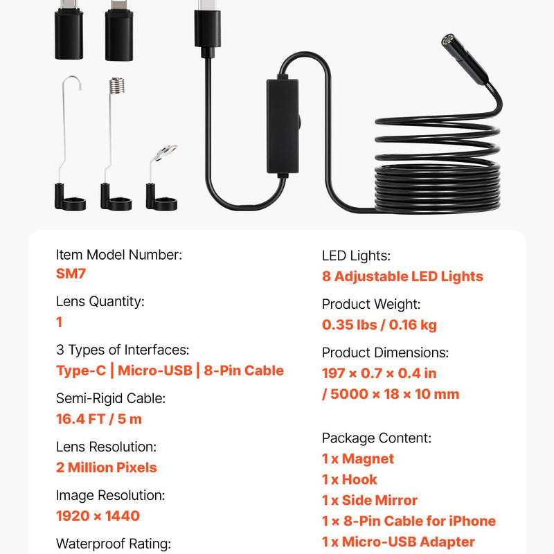 VEVOR endoskopiskā kamera 1920P HD boroskops Android un IOS ierīcēm ar 5 m kabeli
