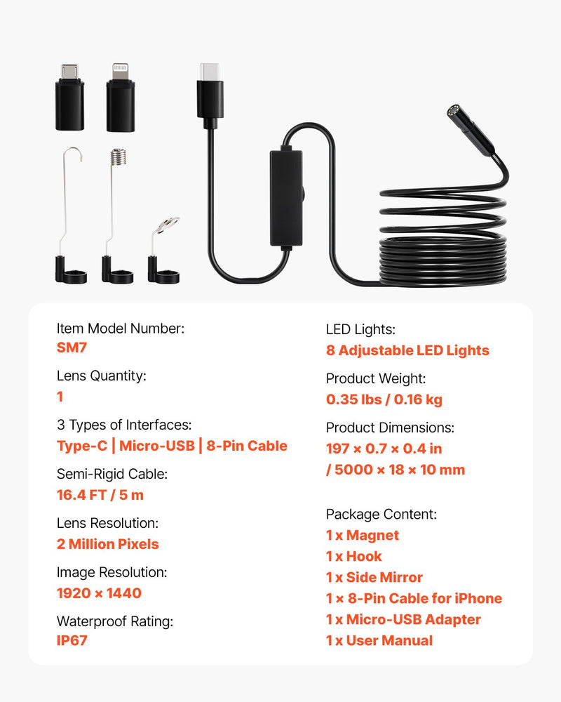 VEVOR endoskopiskā kamera 1920P HD boroskops Android un IOS ierīcēm ar 5 m kabeli