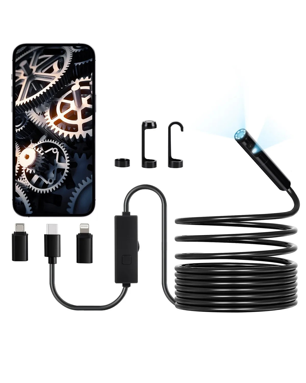 VEVOR Endoscope Camera with Lighting, Dual-Lens Borescope Camera for Android and iOS Devices, 1920P HD Inspection Camera with 8 + 1 LED Lighting, 2× Magnification, 5 m Flexible Cable, IP67 waterproof camera for automotive and plumbing applications