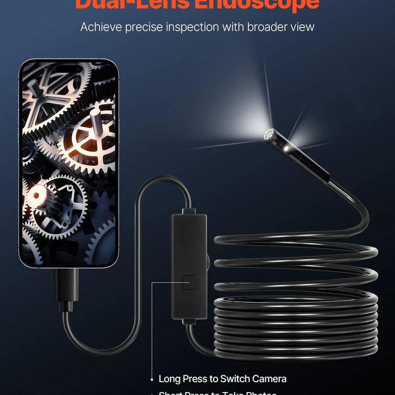VEVOR endoskopa kamera ar apgaismojumu, divu lēcu boreskopa kamera Android un iOS ierīcēm, 1920P HD inspekcijas kamera ar 8 + 1 LED apgaismojumu, 2× palielinājums, 5 m elastīgs kabelis, IP67 ūdensizturīga kamera automobiļiem un santehnikai