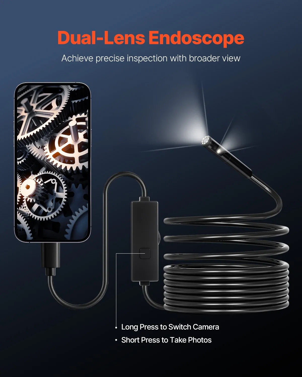 VEVOR endoskopa kamera ar apgaismojumu, divu lēcu boreskopa kamera Android un iOS ierīcēm, 1920P HD inspekcijas kamera ar 8 + 1 LED apgaismojumu, 2× palielinājums, 5 m elastīgs kabelis, IP67 ūdensizturīga kamera automobiļiem un santehnikai
