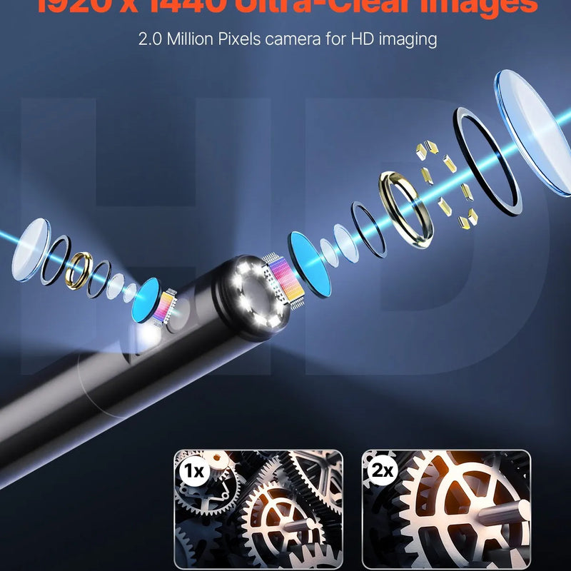 VEVOR endoskopa kamera ar apgaismojumu, divu lēcu boreskopa kamera Android un iOS ierīcēm, 1920P HD inspekcijas kamera ar 8 + 1 LED apgaismojumu, 2× palielinājums, 5 m elastīgs kabelis, IP67 ūdensizturīga kamera automobiļiem un santehnikai