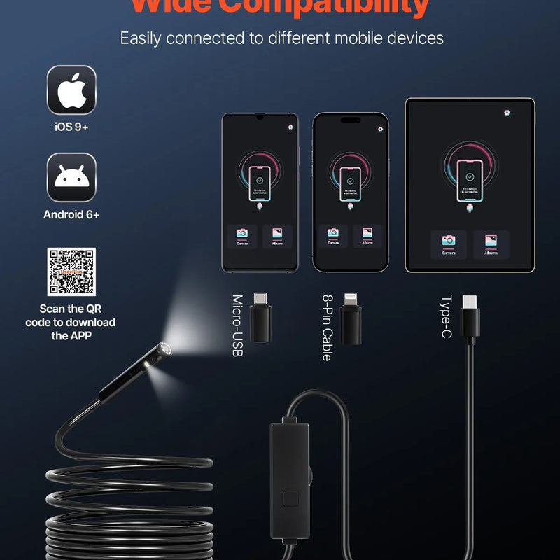 VEVOR endoskopa kamera ar apgaismojumu, divu lēcu boreskopa kamera Android un iOS ierīcēm, 1920P HD inspekcijas kamera ar 8 + 1 LED apgaismojumu, 2× palielinājums, 5 m elastīgs kabelis, IP67 ūdensizturīga kamera automobiļiem un santehnikai