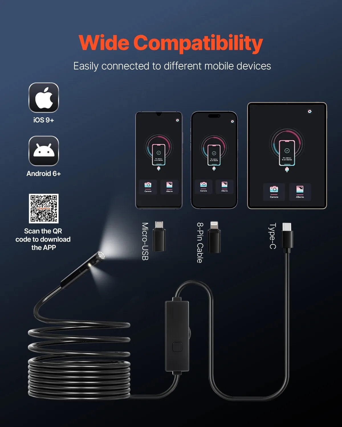 VEVOR endoskopa kamera ar apgaismojumu, divu lēcu boreskopa kamera Android un iOS ierīcēm, 1920P HD inspekcijas kamera ar 8 + 1 LED apgaismojumu, 2× palielinājums, 5 m elastīgs kabelis, IP67 ūdensizturīga kamera automobiļiem un santehnikai