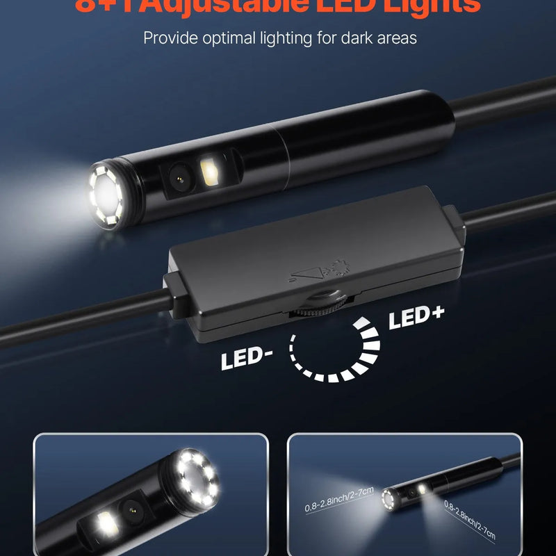 VEVOR endoskopa kamera ar apgaismojumu, divu lēcu boreskopa kamera Android un iOS ierīcēm, 1920P HD inspekcijas kamera ar 8 + 1 LED apgaismojumu, 2× palielinājums, 5 m elastīgs kabelis, IP67 ūdensizturīga kamera automobiļiem un santehnikai