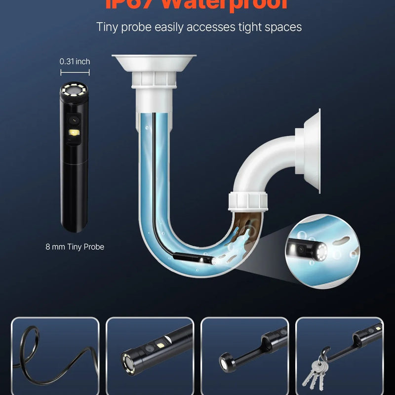 VEVOR endoskopa kamera ar apgaismojumu, divu lēcu boreskopa kamera Android un iOS ierīcēm, 1920P HD inspekcijas kamera ar 8 + 1 LED apgaismojumu, 2× palielinājums, 5 m elastīgs kabelis, IP67 ūdensizturīga kamera automobiļiem un santehnikai