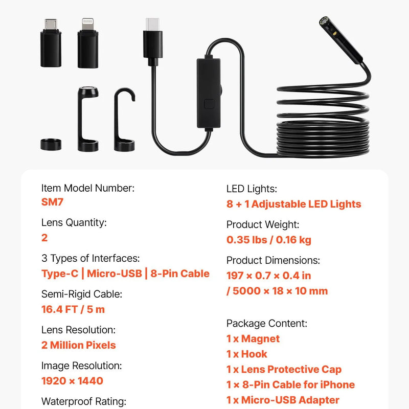 VEVOR endoskopa kamera ar apgaismojumu, divu lēcu boreskopa kamera Android un iOS ierīcēm, 1920P HD inspekcijas kamera ar 8 + 1 LED apgaismojumu, 2× palielinājums, 5 m elastīgs kabelis, IP67 ūdensizturīga kamera automobiļiem un santehnikai