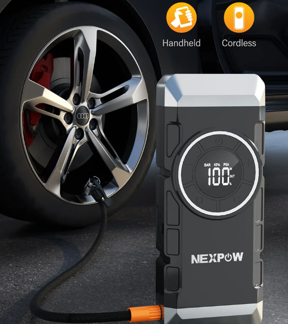 Автомобильный, мотоциклетный, лодочный стартер NEXPOW 12V с 3000A/16000mAh, встроенным компрессором, пусковыми проводами. Встроенный аварийный фонарь на 600 люмен.