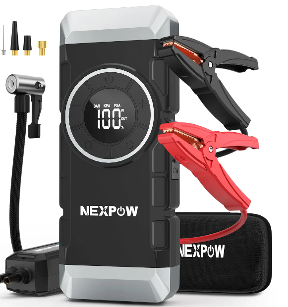 Автомобильный, мотоциклетный, лодочный стартер NEXPOW 12V с 3000A/16000mAh, встроенным компрессором, пусковыми проводами. Встроенный аварийный фонарь на 600 люмен.