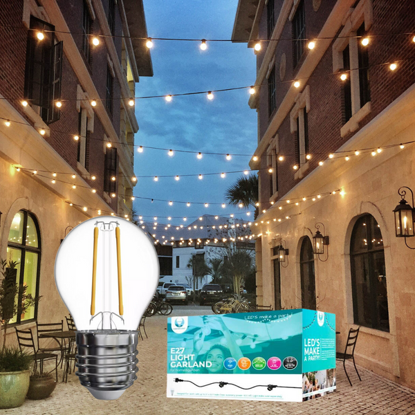 12 meters waterproof string complete with 10 bulbs LED filament 2W(200Lm) G45 ​​shaped bulbs, warm white 2700K, string with EU plug at the beginning and hermetic socket at the end