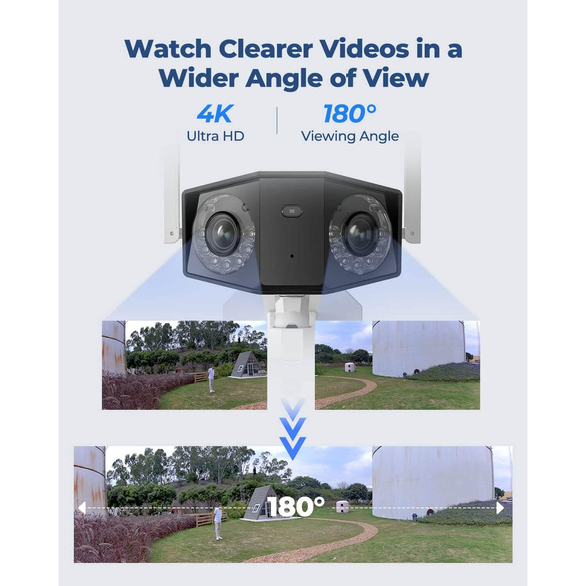 Reolink 4K 8MP Wi-Fi videokaamera inimeste, autode ja loomade tuvastamisega. 180° panoraamvaade 5GHz/2,4GHz Wi-Fi, kahesuunaline heli.Värviline öönägemine, Duo seeria W730.