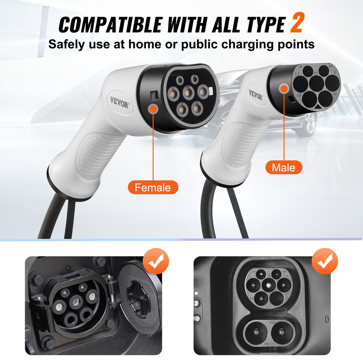 VEVOR Type 2 uz Type 2 EV uzlādes kabelis, 32A, 5 m, 7kW, TPU pārklājums, piemērots elektrisko transportlīdzekļu uzlādei.