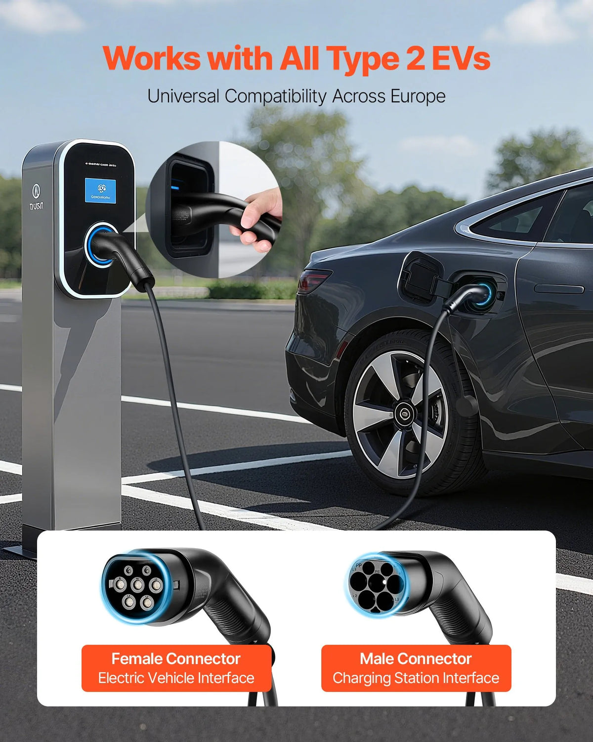 VEVOR elektromobiļu lādētāja pagarinātāja kabelis 16 A, 10 m, līdz 11 kW, saderīgs ar visiem Type 2 elektromobiļu lādētājiem, 3 fāžu AC 480 V 50 Hz, IP65 izturīgs uzlādes kabelis ar pārnēsāšanas somu