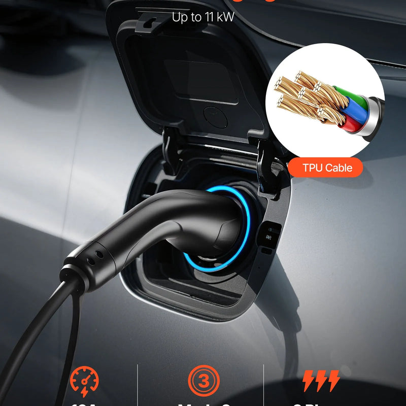 VEVOR elektromobiļu lādētāja pagarinātājs 16 A, 7 m, līdz 11 kW, saderīgs ar visiem Type 2 elektromobiļu lādētājiem, 3 fāžu AC 480 V 50 Hz, IP65 izturīgs uzlādes kabelis ar pārnēsāšanas somu