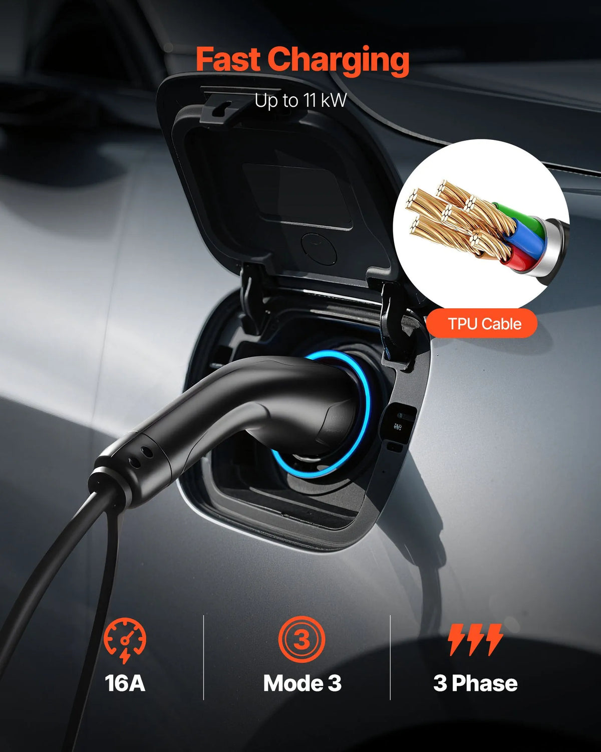 VEVOR elektromobiļu lādētāja pagarinātājs 16 A, 7 m, līdz 11 kW, saderīgs ar visiem Type 2 elektromobiļu lādētājiem, 3 fāžu AC 480 V 50 Hz, IP65 izturīgs uzlādes kabelis ar pārnēsāšanas somu