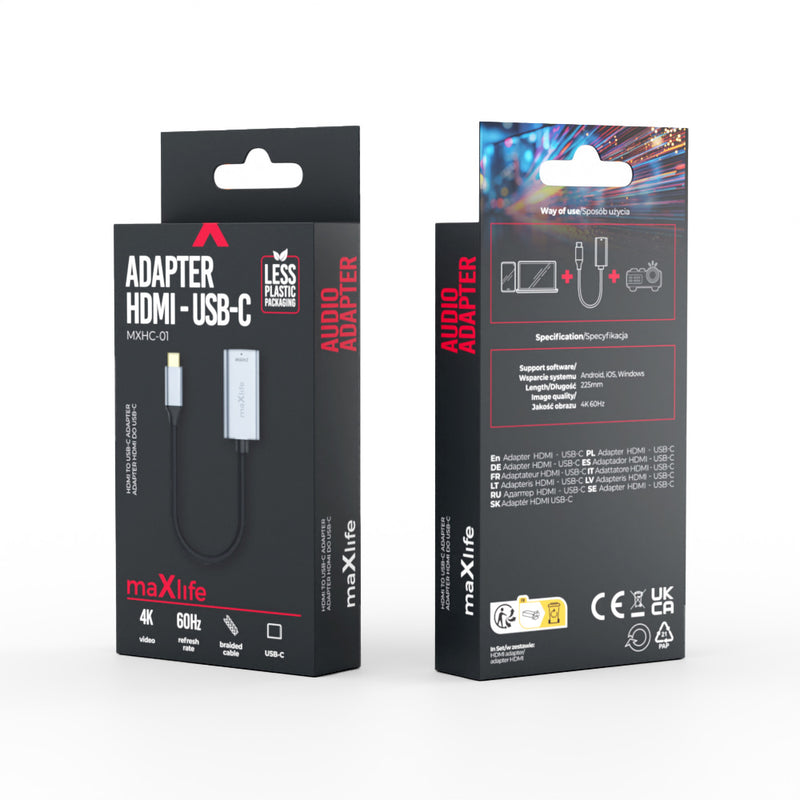 Maxlife MXHC-01 USB-C uz HDMI adapteris 4K 60 Hz melns video un audio pārraidei