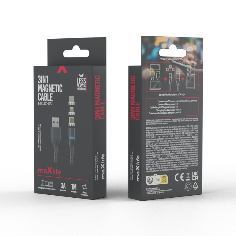 Maxlife MXUC-03 magnētiskais USB kabelis – Lightning + USB-C + microUSB, 1,0 m, 3A, melns, neilons