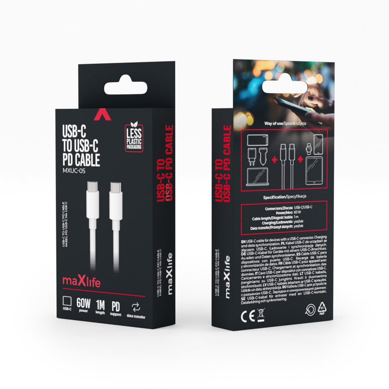 Maxlife MXUC-05 USB-C – USB-C kabelis 1,0 m, 60 W, balts