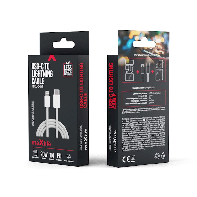 USB-C – Lightning kabelis Maxlife MXUC-06, 1,0 m, 20 W, pelēks, neilons