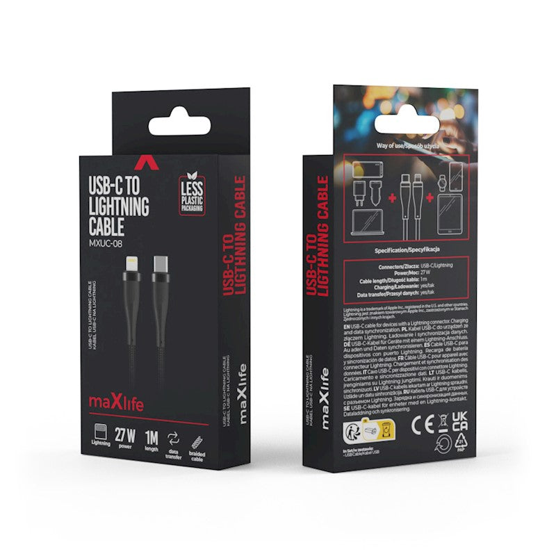Maxlife MXUC-08 cable USB-C - Lightning 1.0 m 27W black nylon 