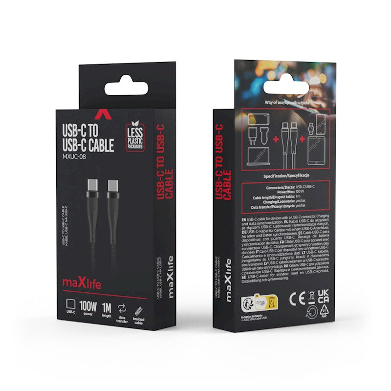 Maxlife MXUC-08 kabelis USB-C - USB-C 1,0 m 100 W melns neilons