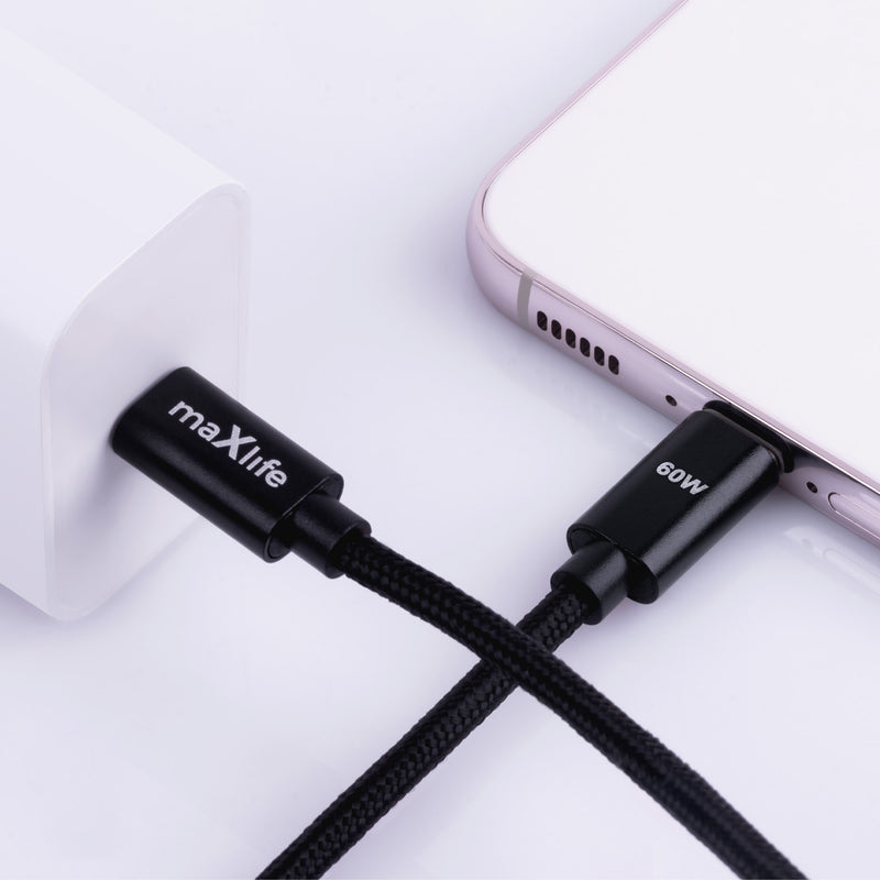 Maxlife MXUC-12 USB-C – USB-C kabelis 1,0 m, 60 W, melns