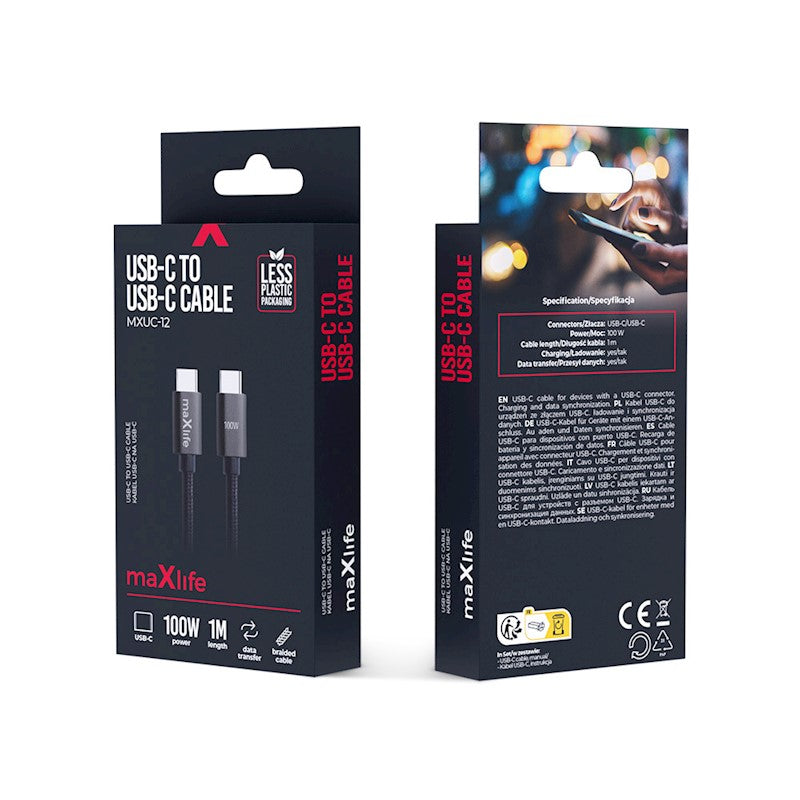 USB-C ja USB-C vaheline kaabel Maxlife MXUC-12, 1 m, 100 W, must