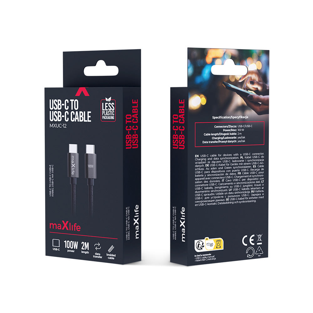 Maxlife MXUC-12 USB-C – 2.0 m USB-C cable, 100 W, black