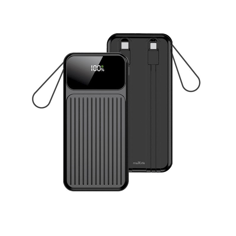 Ārējais akumulators Maxlife MXPB-06, 10000 mAh, 22,5 W, PD/QC, ar iebūvētiem kabeļiem, melns