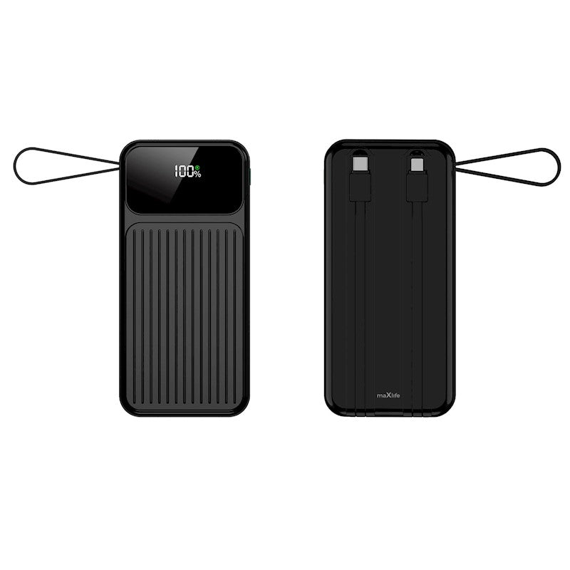 Ārējais akumulators Maxlife MXPB-06, 10000 mAh, 22,5 W, PD/QC, ar iebūvētiem kabeļiem, melns