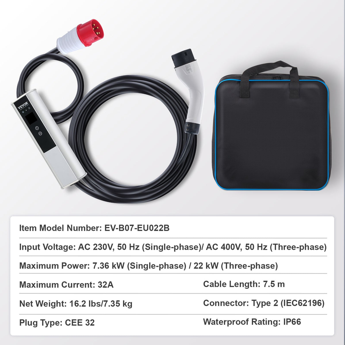 Портативное зарядное устройство VEVOR, тип 2, кабель для зарядки EV 32A CEE 32 7,5 м 230V/400V