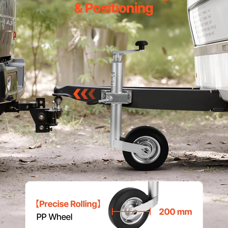 VEVOR piekabes domkrats ar riteni, 150 kg kravnesība, izturīgs piekabināms piekabes stūres domkrats ar vienu riteni un ergonomisku rokturi, 230 mm pacelšanas gājiens, piemērots kemperiem, zirgu piekabēm un universālajām piekabēm