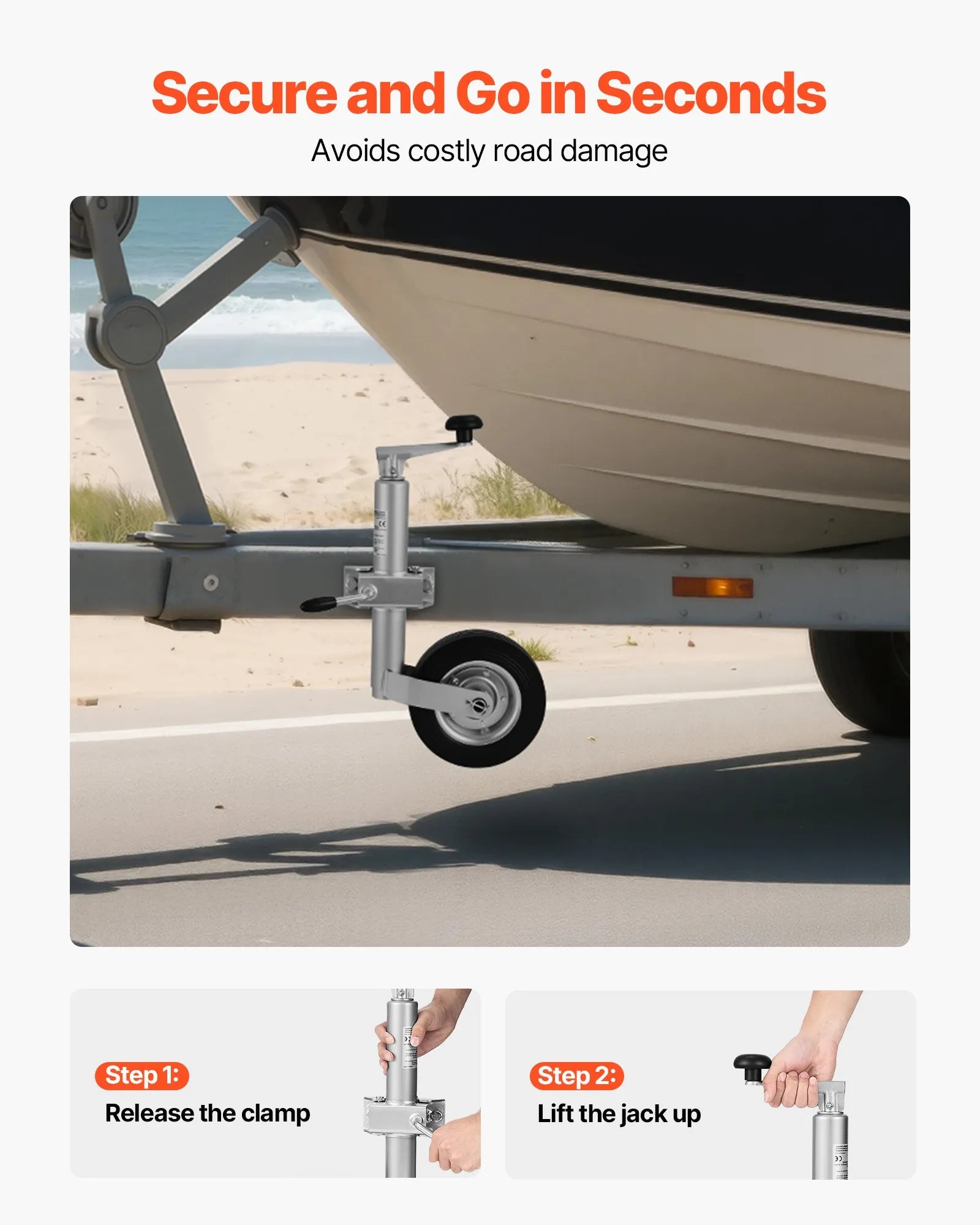 VEVOR piekabes domkrats ar riteni, 150 kg kravnesība, izturīgs piekabināms piekabes stūres domkrats ar vienu riteni un ergonomisku rokturi, 230 mm pacelšanas gājiens, piemērots kemperiem, zirgu piekabēm un universālajām piekabēm