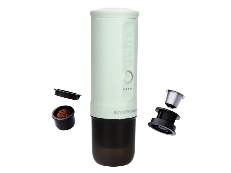 Outin X Buydeem Nano portable coffee machine. Battery capacity 7500mAh. Heats water up to 92 degrees.
