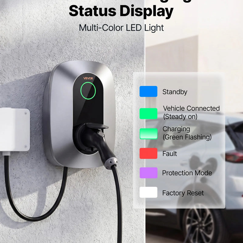 VEVOR 7 kW vienfāzes elektroautomobiļu uzlādes stacija ar Type 2 savienotāju, 230 V, 32 A, lietotnes attālināto vadību, LED indikatoru un IP54