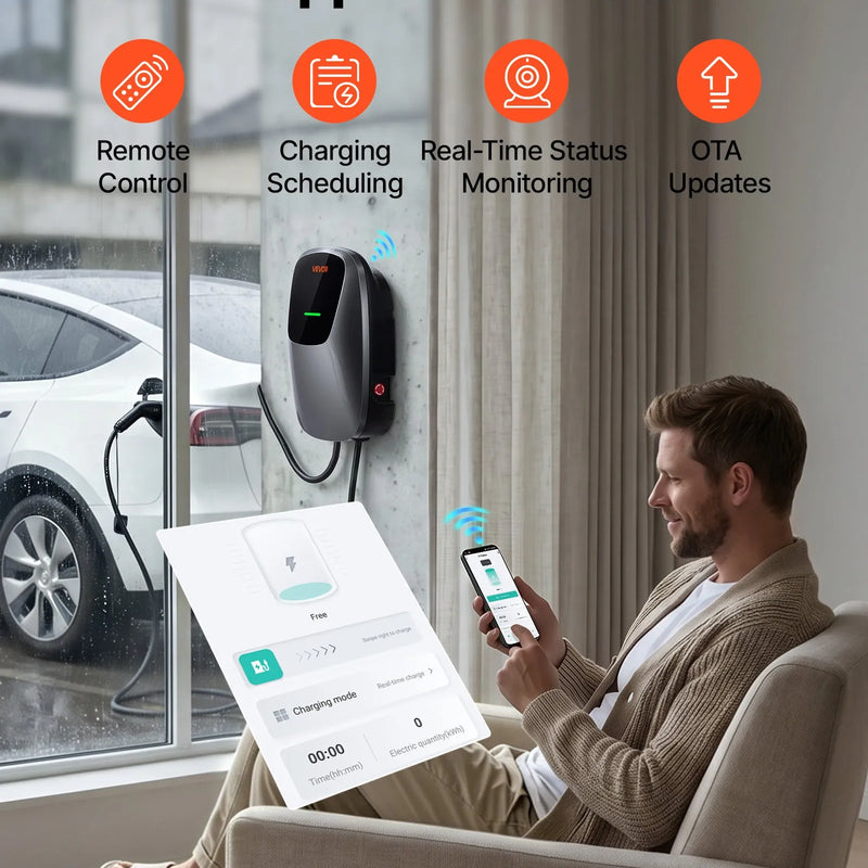 VEVOR 7 kW vienfāzes elektroautomobiļu uzlādes stacija ar Type 2 savienotāju, 5 m kabeli, 230 V, 32 A, lietotnes attālināto vadību, LED indikatoru un IP65