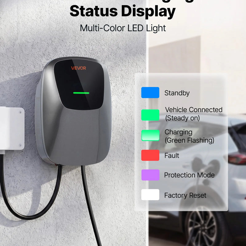 VEVOR 7 kW vienfāzes elektroautomobiļu uzlādes stacija ar Type 2 savienotāju, 5 m kabeli, 230 V, 32 A, lietotnes attālināto vadību, LED indikatoru un IP65