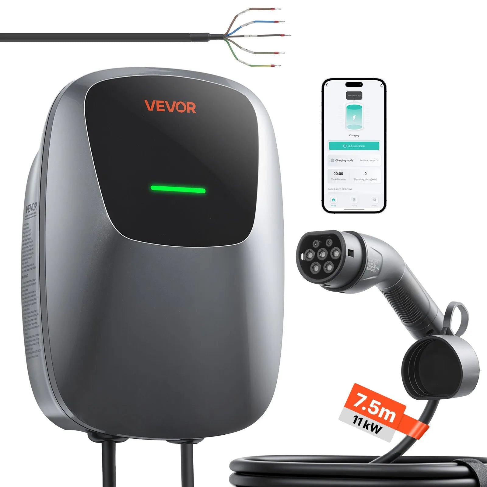 VEVOR 11 kW trīsfāžu elektroautomobiļu uzlādes stacija ar Type 2 savienotāju, 7,5 m kabeli, 400 V, 16 A, lietotnes attālināto vadību, LED indikatoru un IP65