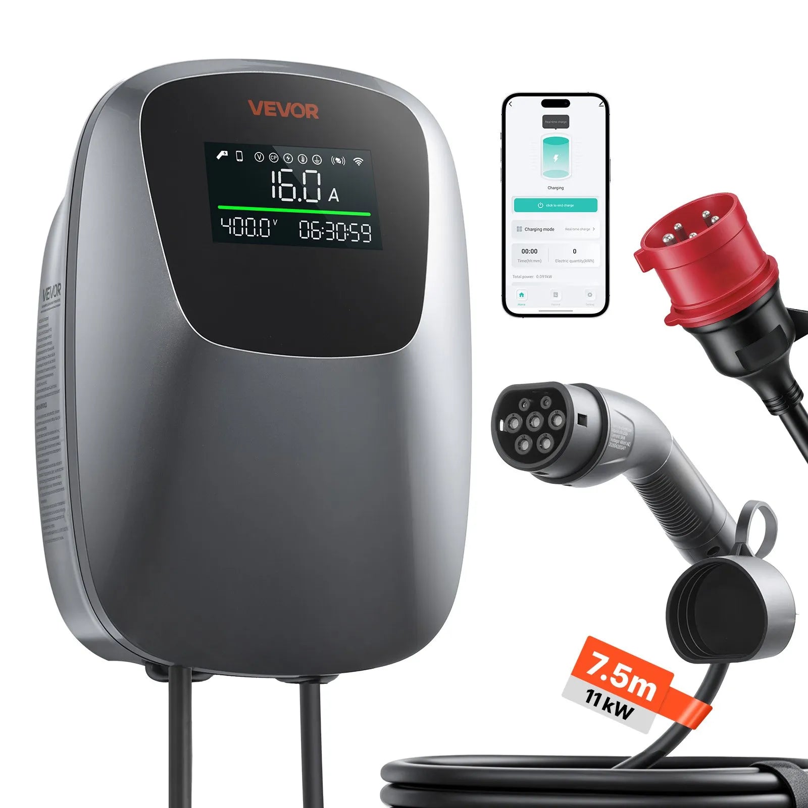 VEVOR 11 kW trīsfāžu elektroautomobiļu uzlādes stacija ar Type 2 savienotāju, CEE 16 A, 400 V, lietotnes vadību, digitālo displeju un IP65
