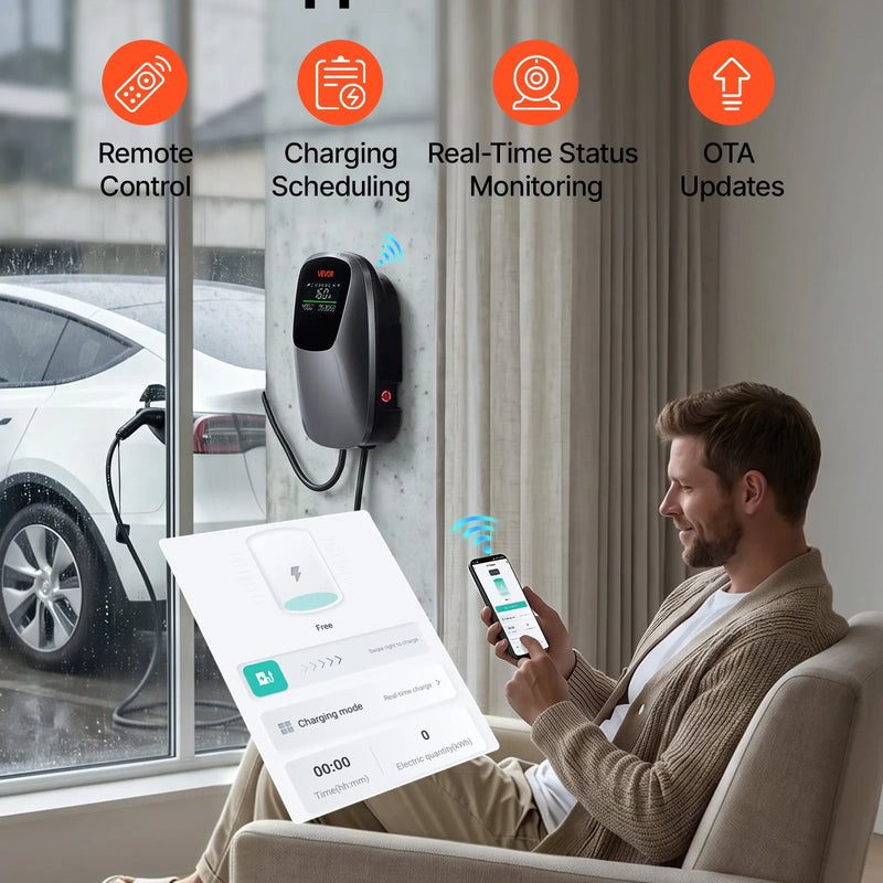 VEVOR 11 kW trīsfāžu elektroautomobiļu uzlādes stacija ar Type 2 savienotāju, CEE 16 A, 400 V, lietotnes vadību, digitālo displeju un IP65