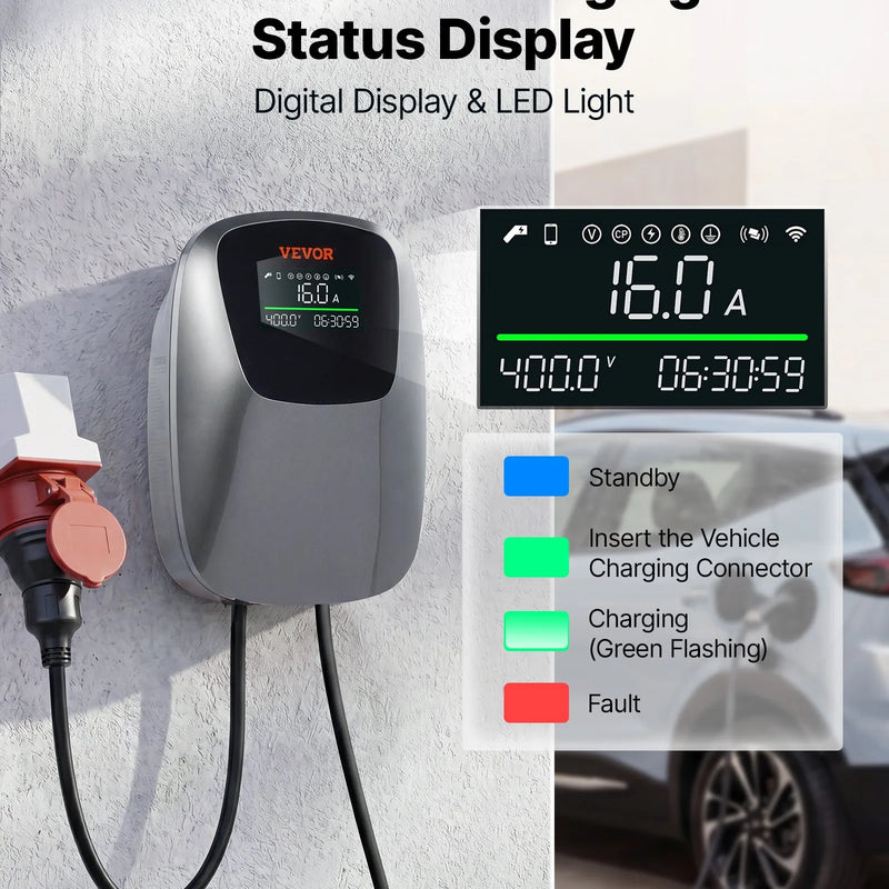 VEVOR 11 kW trīsfāžu elektroautomobiļu uzlādes stacija ar Type 2 savienotāju, CEE 16 A, 400 V, lietotnes vadību, digitālo displeju un IP65