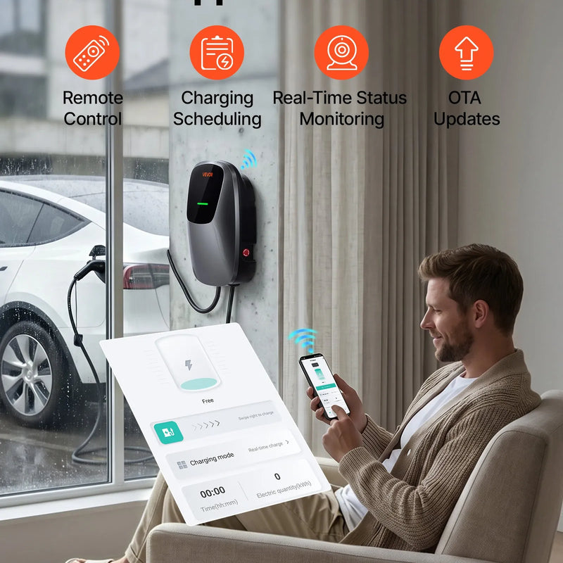 VEVOR 11 kW trīsfāžu elektroautomobiļu uzlādes stacija ar Type 2 savienotāju, 5 m kabeli, 400 V, 16 A, lietotnes attālināto vadību, LED indikatoru un IP65