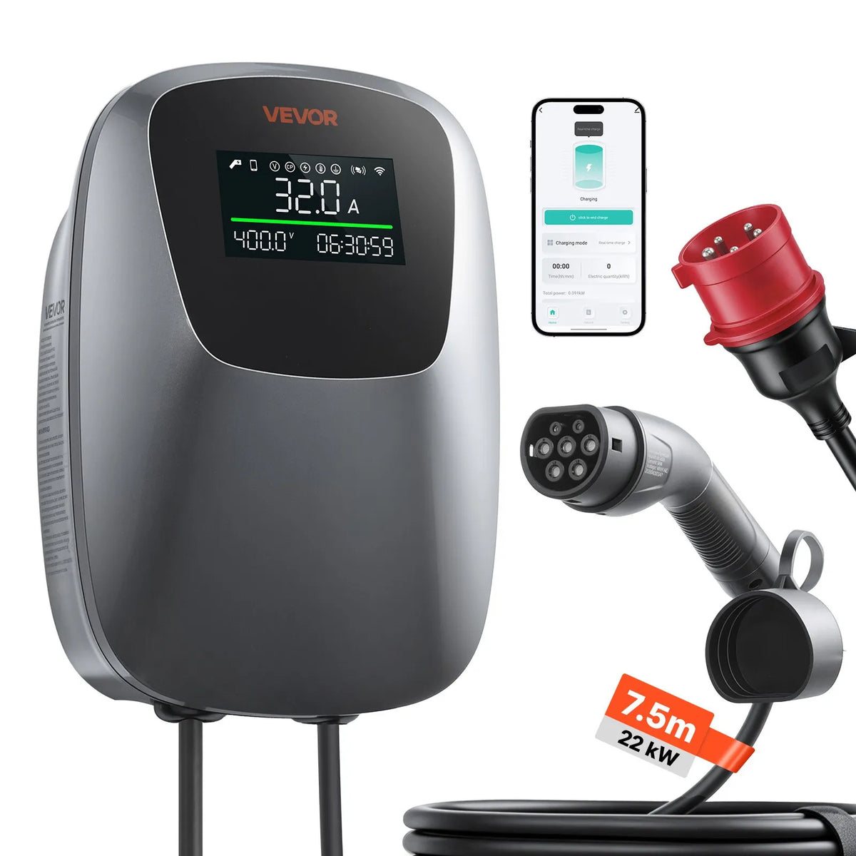 VEVOR 22 kW three-phase electric vehicle charging station with a Type 2 connector, CEE 32 A, 400 V, app control, digital display, and IP65 rating