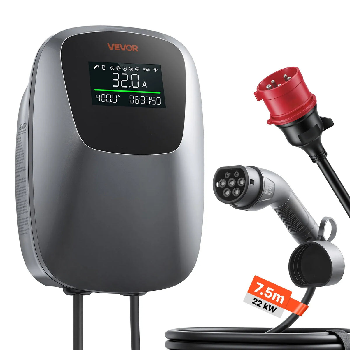 VEVOR 22 kW three-phase electric vehicle charging station with a Type 2 connector, CEE 32 A, 400 V, app control, digital display, and IP65 rating