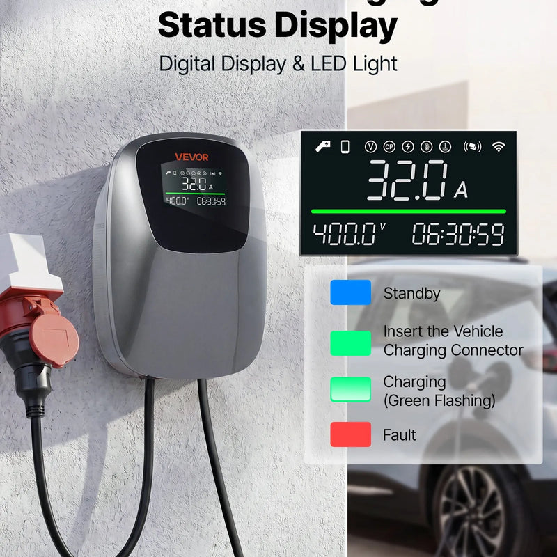 VEVOR 22 kW trīsfāžu elektroautomobiļu uzlādes stacija ar Type 2 savienotāju, CEE 32 A, 400 V, lietotnes vadību, digitālo displeju un IP65