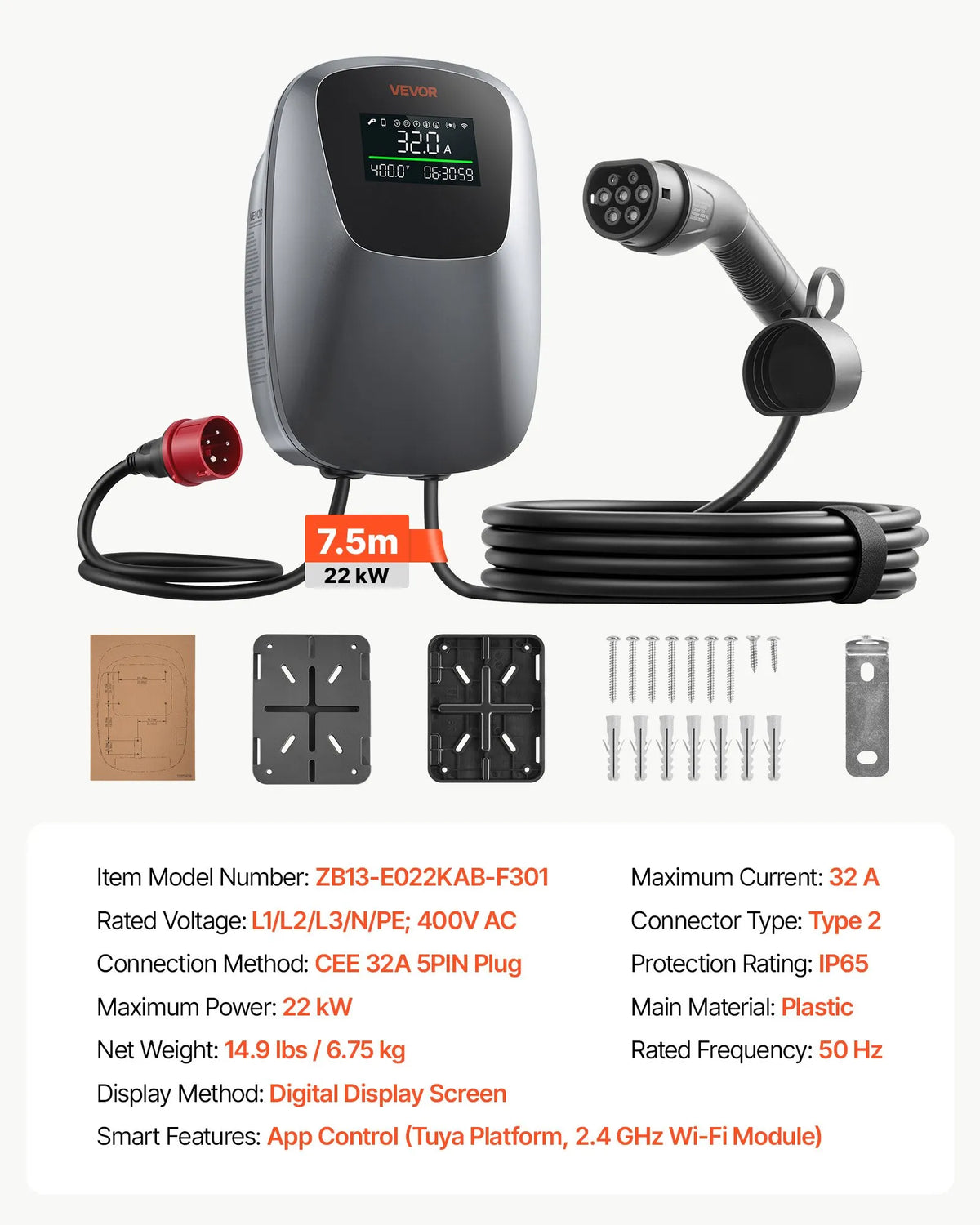 VEVOR 22 kW three-phase electric vehicle charging station with a Type 2 connector, CEE 32 A, 400 V, app control, digital display, and IP65 rating